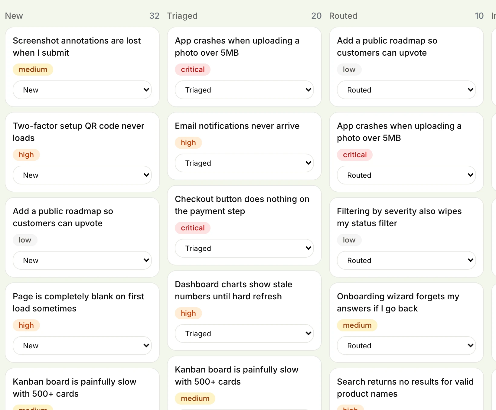 A shared kanban board for triaging internal QA reports