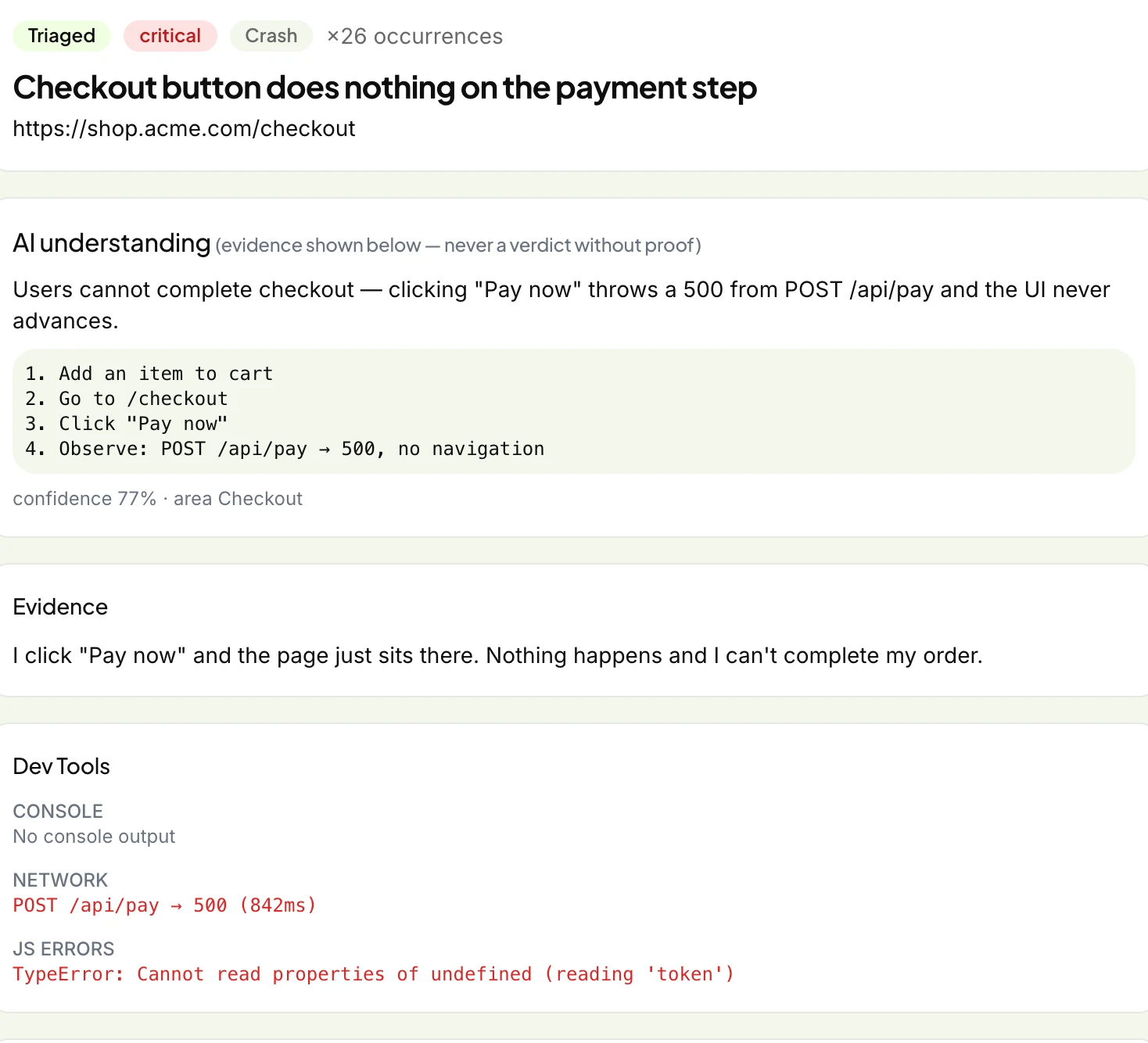 A report showing the AI understanding panel beside console, network and JS-error evidence