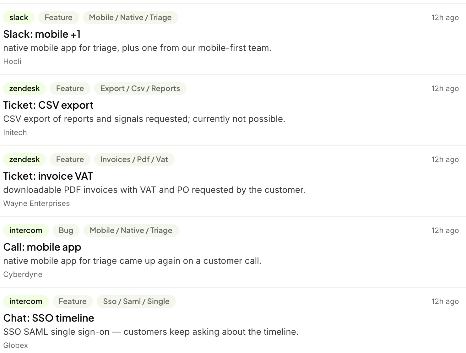The signals inbox collecting feature requests from multiple sources