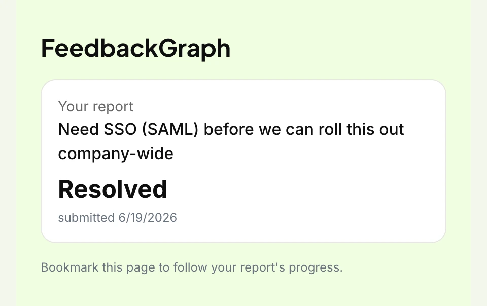A public status page showing the live status of a reported issue